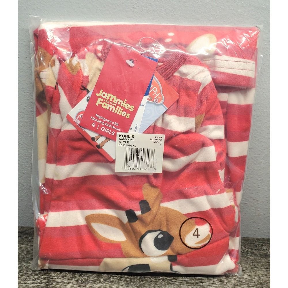 Jammies for Families Rudolph Nightgown‎ w Matching Doll Gown Girls Size 4 NEW